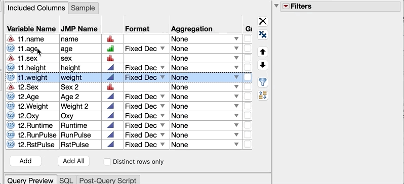 Solved: How to get "AND" in filter in sql query builder with JMP14 ...
