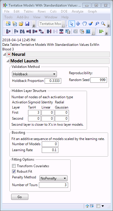 Set up of model from Analyze>Predictive Modeling>Neural