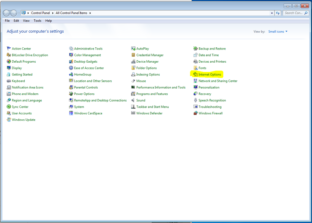 Control Panel internet options