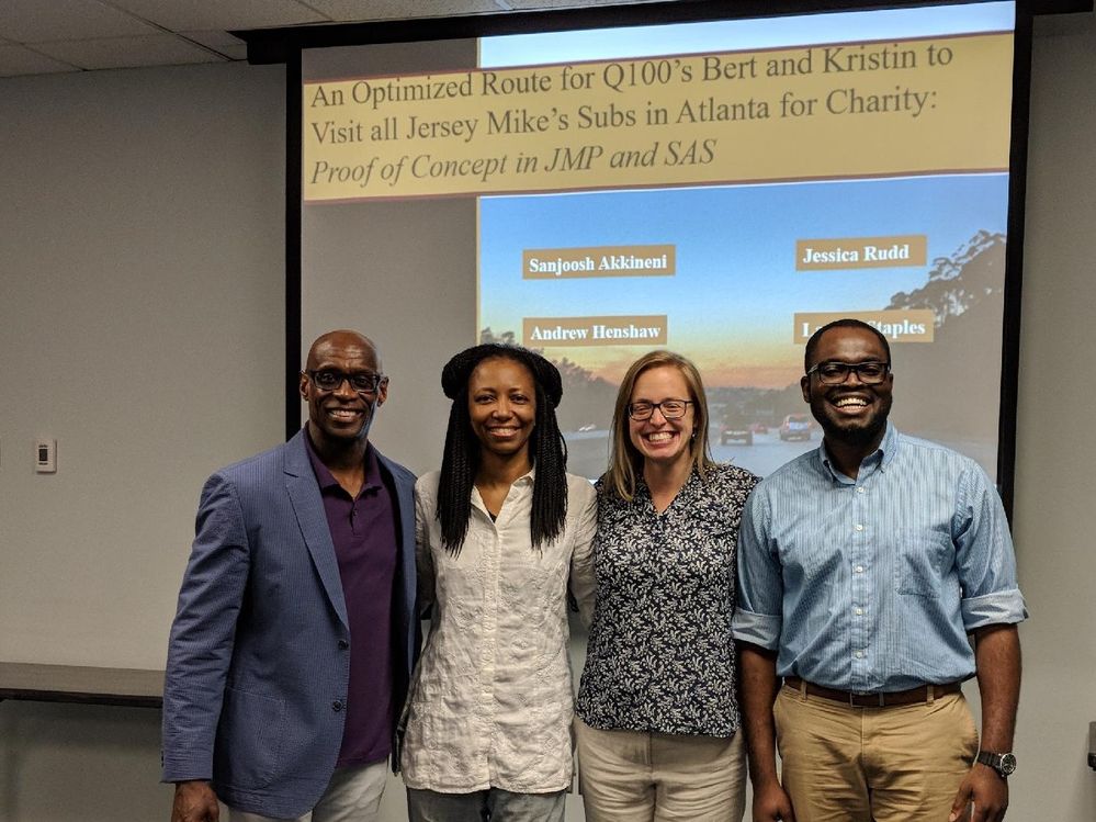 Special thanks to Lauren Staples and Edwin Baidoo for impressive analytic solutions and presentations at the Atlanta JMP User Group Meeting. L to R: Me, Juanita Spigner (new JMP member), Lauren Staples, PhD Student (presenter) and Edwin Baidoo, PhD Candidate (presenter).