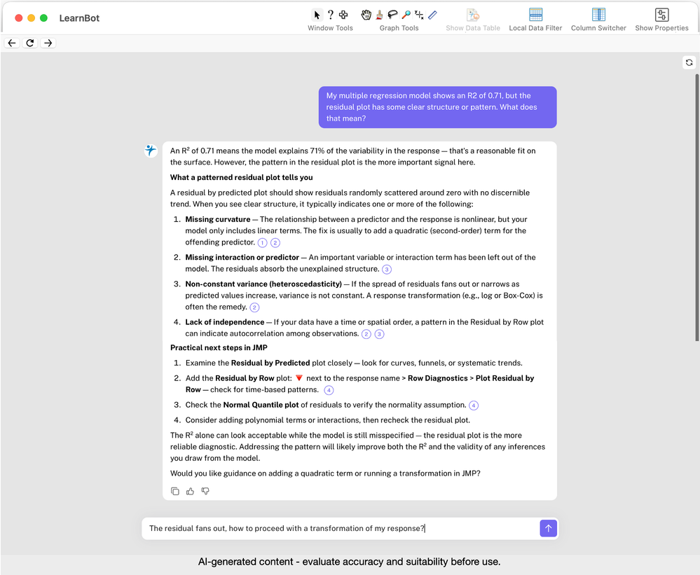 LandraRobertson_0-1783688244087.png Using LearnBot in JMP Student Edition, a student describes their regression output and receives statistical and JMP guidance.