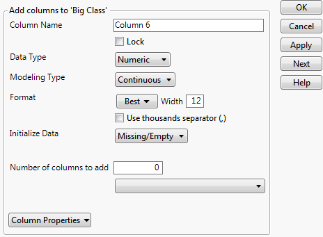 Column Info dialog