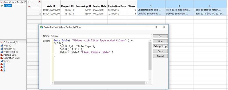 Final Videos Table Split Dialog.JPG Figure 4: JSL script to split Title Column into 3 columns by Title Type