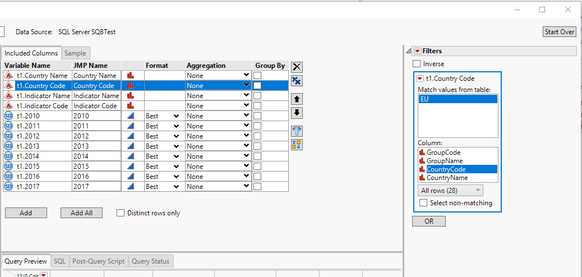 Selecting the Match Column Values filter