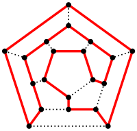 Traditional example of a Hamiltonian path on a dodecahedron (image by Christoph Sommer published to Wikipedia: https://commons.wikimedia.org/wiki/File:Hamiltonian_path.svg)