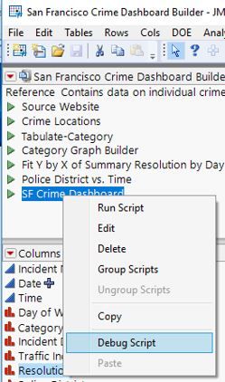 Alternately, First Choose Debug Script from the Dashboard Title in the Tables Panel