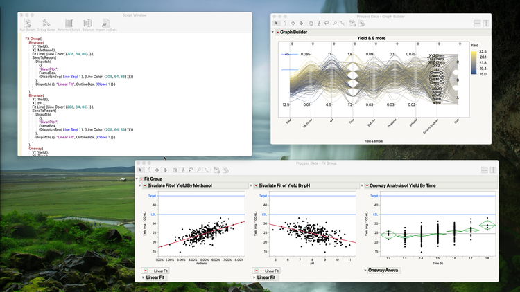 Examples of JMP Reports and the results of the Save Script to Script Window workflow.