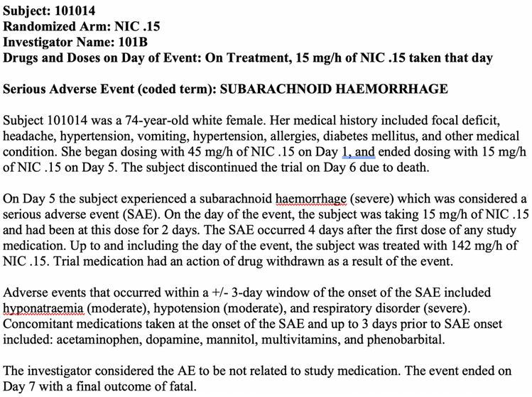Example of a serious adverse event narrative using the "by event" template.