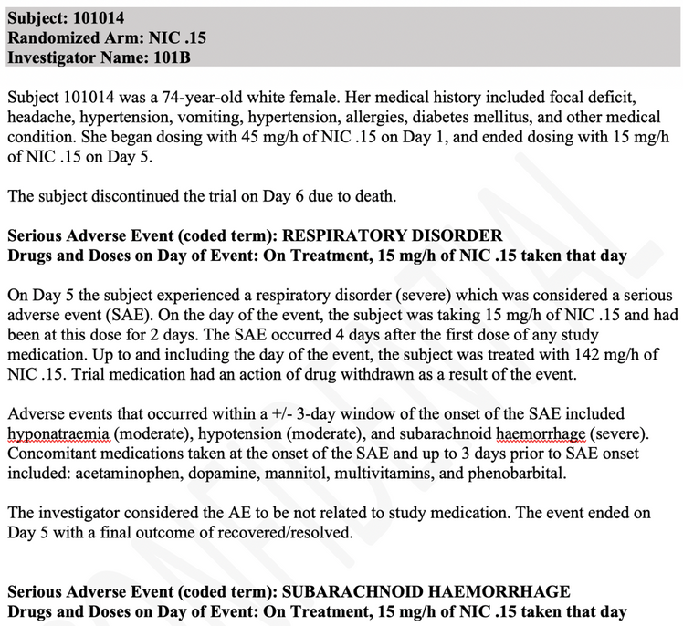 Example of an adverse event narrative in JMP Clinical using the "by subject" template