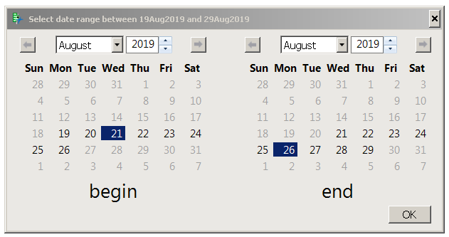 Two calendar boxes showing a range of dates