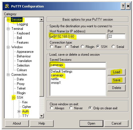 PuTTY dialog high lighting load/save sessions and Auth