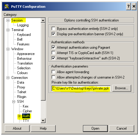 PuTTY dialog showing private key in Auth