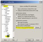 PuTTY dialog showing private key in Auth