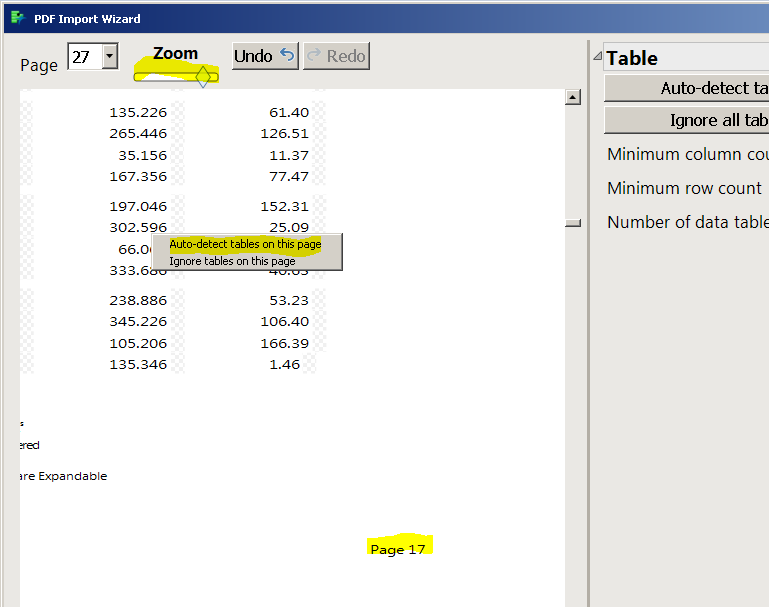 Use the zoom slider to make the page numbers legible, then right-click to scan for tables on this page