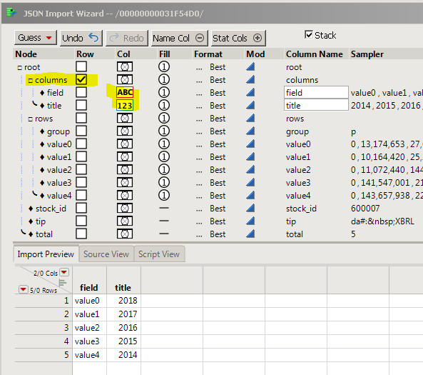 get the little table of column names