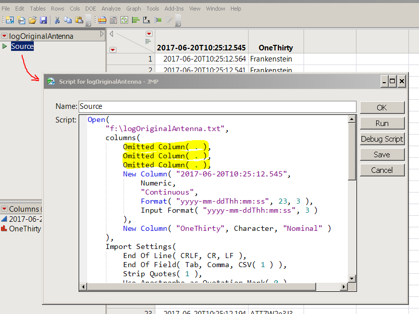Grab the source script, it has the JSL to omit columns
