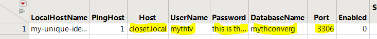 JMP data table loaded from XML file with one row and columns for UserName, Password, and DatabaseName