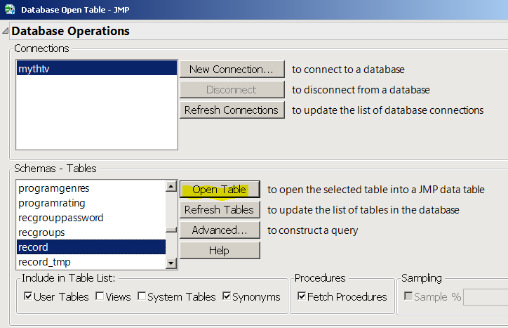 The OpenTable dialog opens one database table into a JMP data table