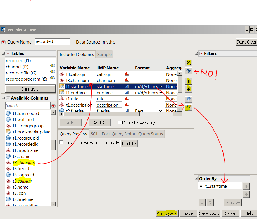 Build Query window chooses columns to keep in the JMP data table