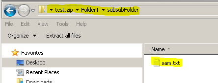 Windows explorer navigating through a zip archive