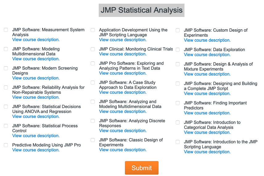 Catalog of JMP courses from SAS Education