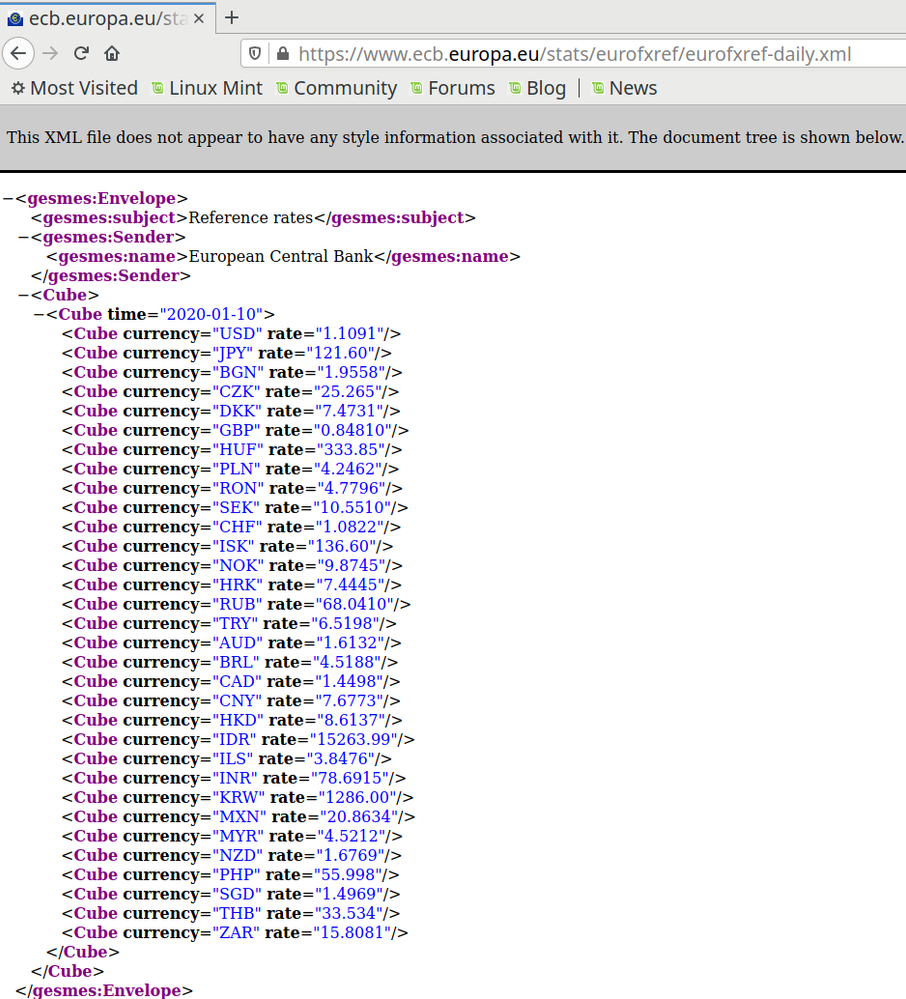 screenshot of FireFox showing an XML file of exchange rates