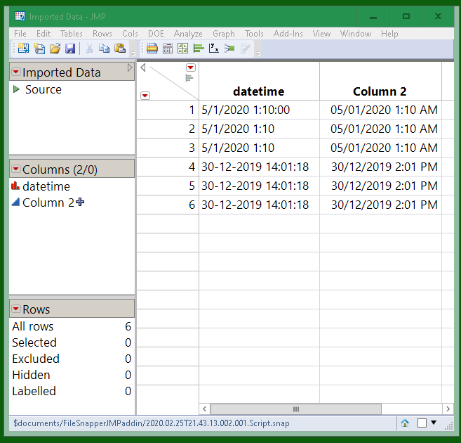 the datetime column is character data, column2 is a formula column