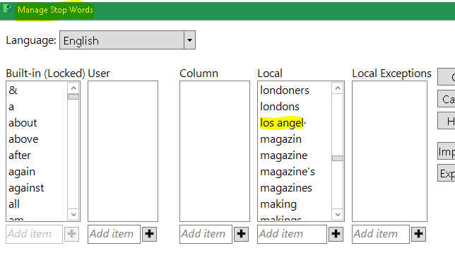 Stop word editor showing the stemmed phrase los angel*