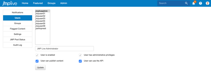 Users section of the Admin tab, where admins have a handful of options available to them to determine user permissions.