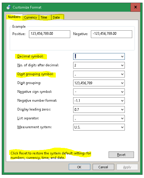 changing decimal and grouping symbol