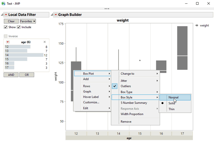 Changing the box plot options interactively in the JMP client.