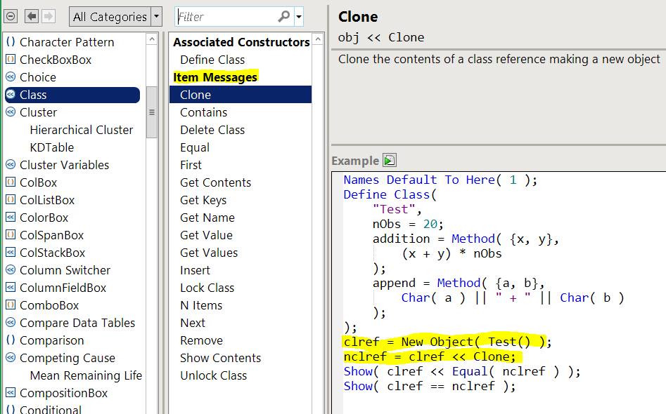 Scripting index showing messages that can be sent to a class instance