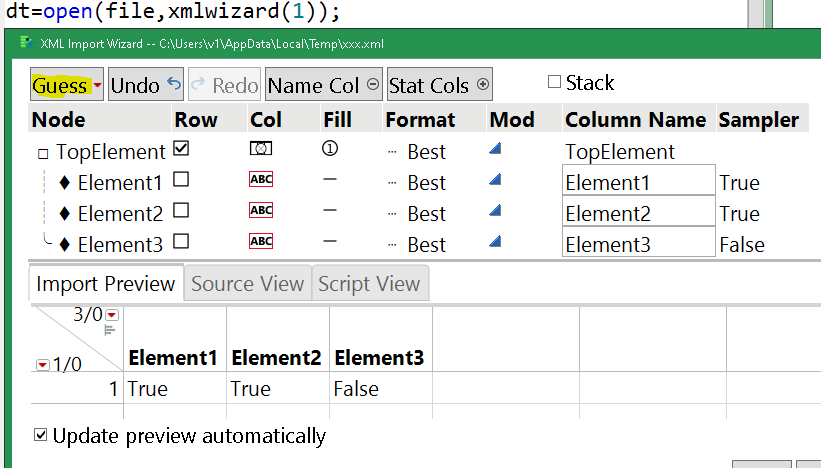 XML Wizard can be opened via File->Open or from JSL as shown.