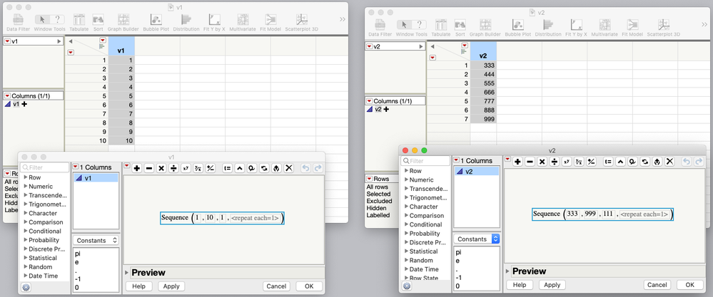 Two data tables, one column each, Sequence() formula