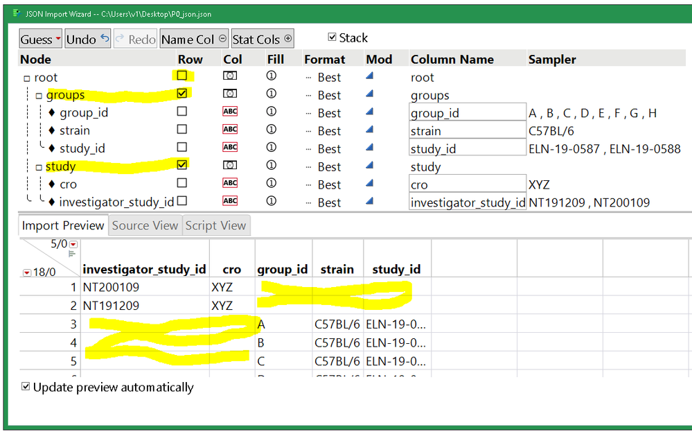 Choose what JSON tags generate rows in the JMP table