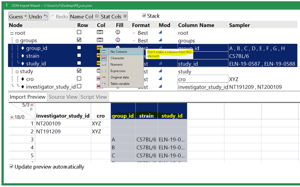 Select the columns you don't want (easy on the column headers at the bottom) then pick No Column