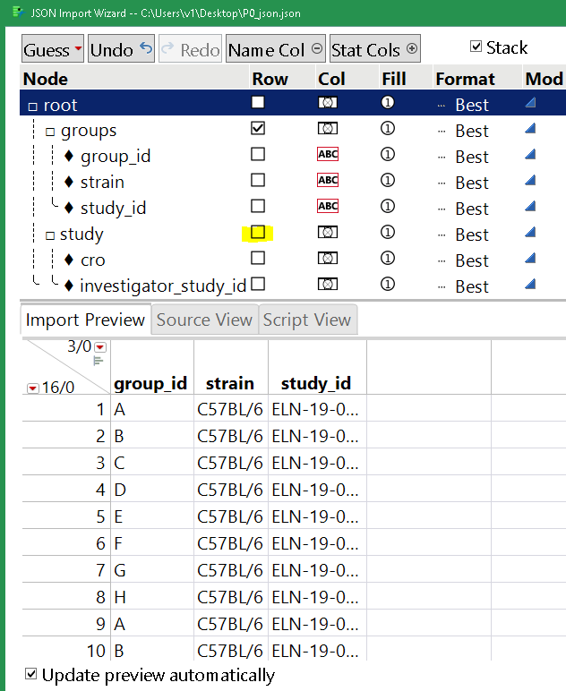 Repeat the process to get the other table. Uncheck the study row to remove a blank row from the JMP table.