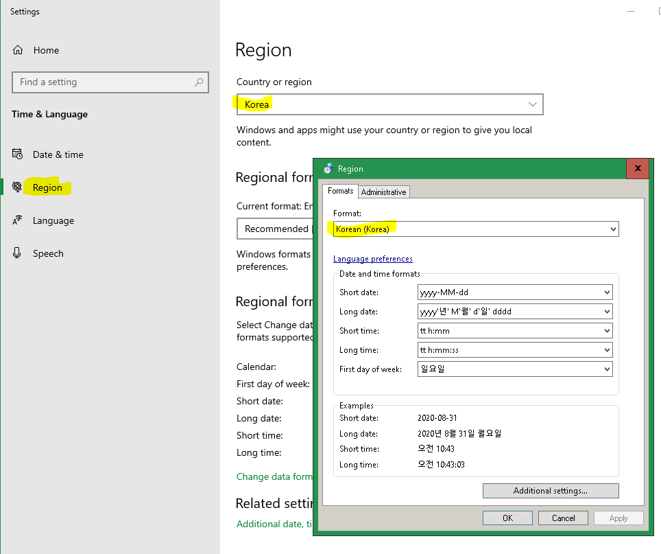 region settings