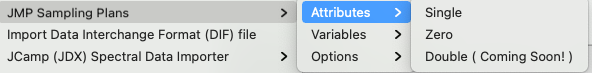JMP Sampling Plan Add-In Menu options