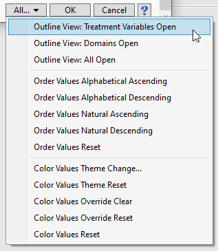 Through the “All…” button, additional controls are available for making more global changes to view, order and color on the dialog.