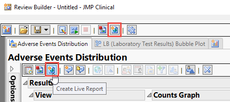 The Create Live Report button can be found on the report and review toolbars in Review Builder.