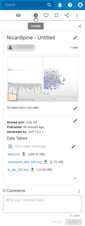 The Details pane in JMP Live.