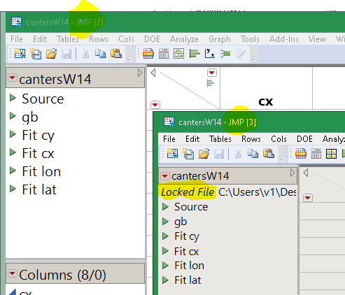 Several copies of JMP open, same table in two copies, one of them is locked out by the other.