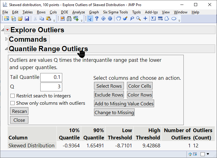 Figure 6:  Quantile Range Outliers user interface and sample output
