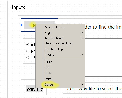 Right-click the button to add a script