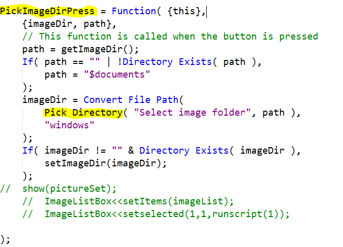 The DirPress function's boiler-plate is added by app-builder. You fill in what you want to happen.