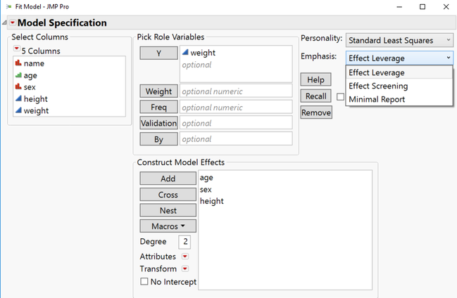 Figure 1: Standard Least Squares Emphasis. JMP sets a default Emphasis based on your data, but you can change it. Emphasis determines the set of outputs that are shown; it does not affect the statistical analysis.