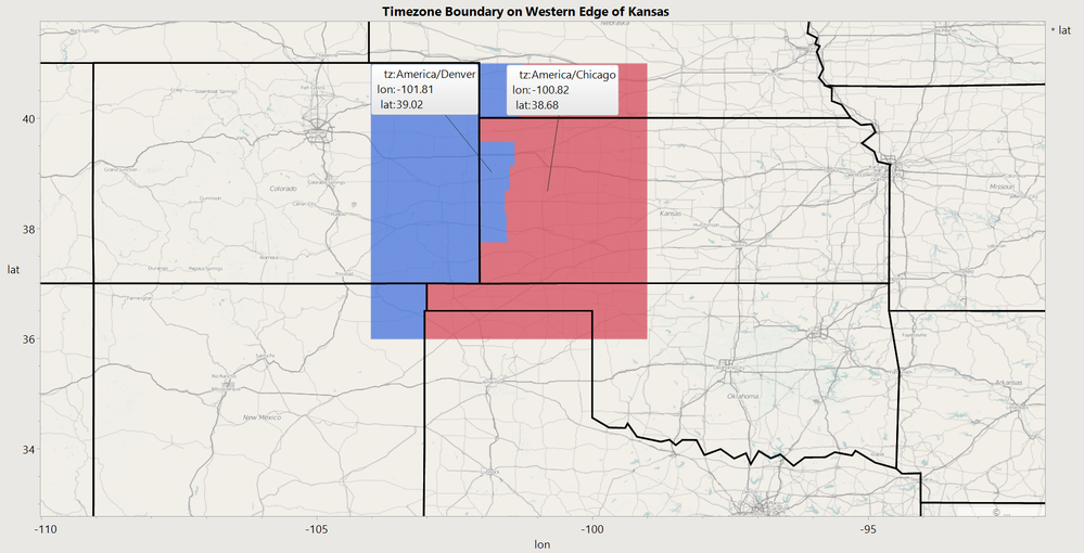 The blue Denver time is used by four counties on the western side of Kansas. The Red Chicago time is used by most of the state.