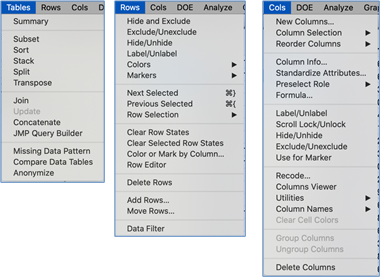 Figure 7 JMP: Tables, Rows and Cols Menus