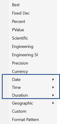 Figure 5. Format options for Dates, Times and Durations for a column.